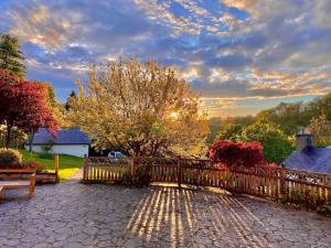 a wooden fence with a bench and a tree at Castle View chalet in Llangollen