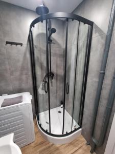 une douche avec une porte vitrée dans une salle de bain dans l'établissement Przytulne mieszkanie z balkonem dostęp na kod, à Radom