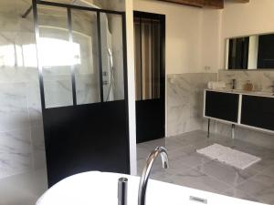 a bathroom with a shower and a sink and a tub at Labastilac chambre plume in Garganvillar