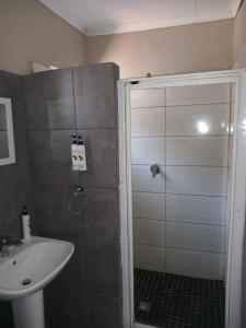 a bathroom with a shower and a sink at African Kingdom Guest House in Boksburg +31 photos