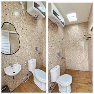 two pictures of a bathroom with a toilet and a sink at Oasis Inn Glamping in Panjadakan +27 photos