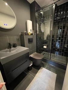 a bathroom with a toilet and a sink and a shower at Modernes Apartment Bremerhaven in Bremerhaven