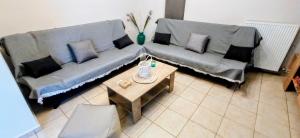 a living room with two couches and a coffee table at La casa bella di Chalkida in Chalkida