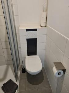 a bathroom with a white toilet in a stall at Ferienwohnung Ostseeblick am Breitling Whg 5 in Malchow