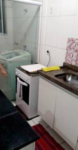 a small kitchen with a stove and a sink at Apto 2Q Sala Cozinha Garagem Wifi Shopping in Taubaté