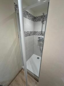 eine Dusche mit Glastür im Badezimmer in der Unterkunft La Fontaine de St Clément in Luz-Saint-Sauveur