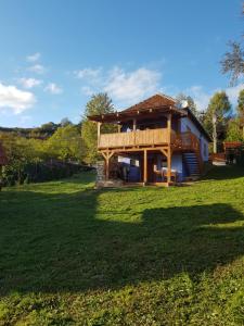 a house with a wrap around porch on a green field at Casa La Casiru 6 nature in Straja
