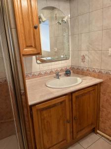 a bathroom with a sink and a mirror at Gîte famille Galiber in Lacaune +15 photos
