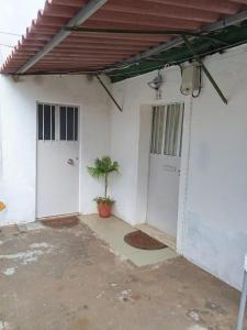 a white building with two doors and a plant at Casa das Casas Novas - Beco das Avós in Elvas