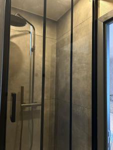 a shower with a glass door in a bathroom at Les petits nids de Nina 4 in Fosses-La-Ville