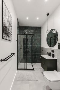 リガにあるDzirnavu Apartmentのシャワー、トイレ、洗面台を備えたバスルーム