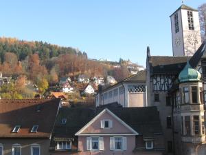 a small town with houses and a clock tower at Hotel Garni Central in Triberg
