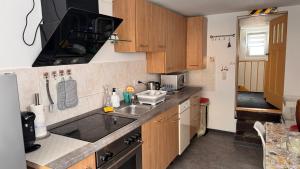 a small kitchen with a sink and a microwave at Panda2 Charmante, Familien Ferienwohnung im Panda-Stil in Bad Hersfeld