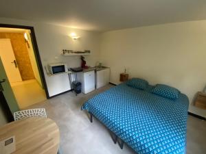 Un dormitorio con una cama azul en una habitación. en Appartement ou chambre centre cherbourg, en Cherbourg-en-Cotentin 26 fotos más