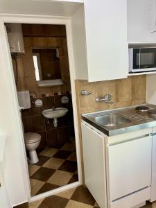a small kitchen with a sink and a toilet at BarSUN in Bar +17 photos