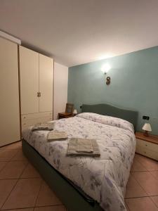 a bedroom with a bed and a blue wall at Casetta bella vista in Aviatico