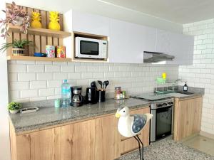a kitchen with a stove and a bird sitting on a stool at Apartamento Playa Señoritas in Punta Hermosa