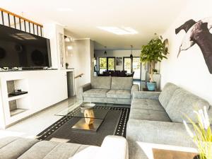 a living room with a couch and a tv at Seehaus Albatros Comfortable holiday residence in Kahnsdorf