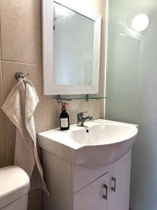 ラルナカにあるSea View 1BR With Pool Accessの白い洗面台と鏡のあるバスルーム