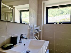 a bathroom with a sink and a mirror at Maison Vidal, au pied de l'Aubrac in Coubisou +55 photos