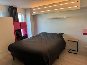 a bedroom with a large bed and a red shelf at Modern Flat With Garden in Ostend