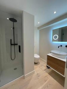 a bathroom with a shower and a sink and a toilet at Modern Flat With Garden in Ostend +24 photos