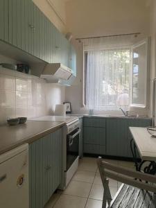 a kitchen with green cabinets and a table and a window at Sandras apartment in Igoumenitsa +14 photos