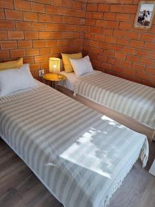 スプリトにあるApartment Gagoのレンガの壁のある部屋にベッドが2つある