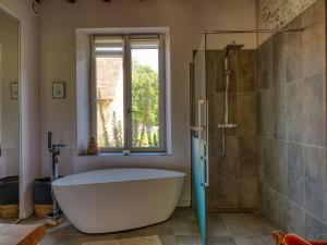 a bathroom with a large tub and a shower at "Domaine le Pineau" Maison de charme avec piscine et jacuzzi privatif in Bléré