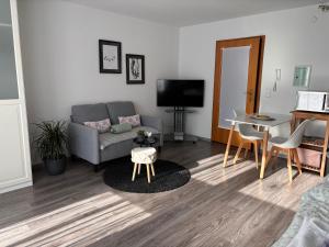 a living room with a couch and a table at Weinberg Lounge in Eisingen