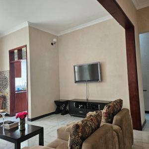 a living room with a couch and a flat screen tv at Revara Home in Dodoma