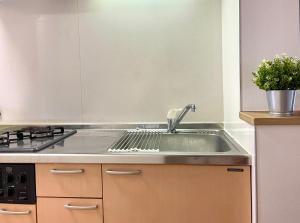 a kitchen with a sink and a stove at 新宿一站5分钟-303-餐馆购物街-安静品质公寓-直达皇居秋叶原 in Tokyo +9 photos