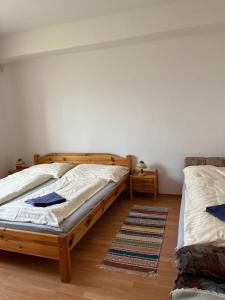 Un dormitorio con dos camas y una alfombra. en Privat u Starona, en Liptovský Ján