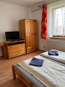 1 dormitorio con 2 camas, TV y tocador en Privat u Starona, en Liptovský Ján
