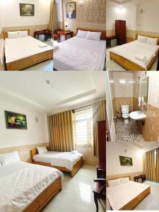 four pictures of a hotel room with two beds at Khách Sạn Thiên Phúc in Ho Chi Minh City