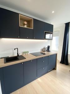 a kitchen with blue cabinets and a sink at L'ESCALE DOREE, Centre-ville et gare à pied in Vannes +14 photos