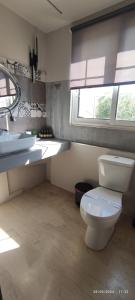 a bathroom with a white toilet and a sink at olivegrove in Sidari