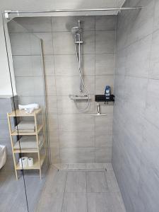 a bathroom with a shower with a glass door at Moderne Ferienwohnung Attendorn in Attendorn +7 photos