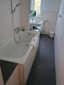 a bathroom with a shower and a tub and a sink at Familien Urlaub!!!!! in Coswig