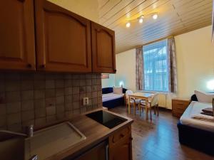 a kitchen and living room with a couch and a table at Haus Savina in Weimar +13 photos