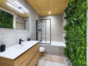 une salle de bain avec une baignoire, un lavabo et une douche dans l'établissement Panorama MontBlanc, à Domancy 24 autres photos