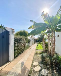 a garden path with a fence and palm trees at ÎLE D OLÉRON Charmante Maison Oléronaise & Piscine chauffée in Saint-Georges-dʼOléron