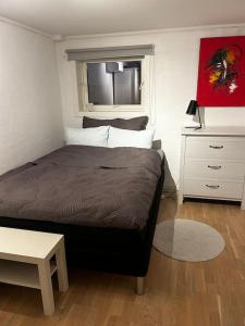 a small bedroom with a bed and a window at Trondheim sentrum, Lade - Nyhavna, gratis parkering in Trondheim +8 photos