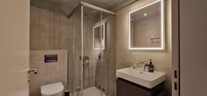 a bathroom with a shower and a sink and a toilet at Visionary Hospitality Bassersdorf, Zürich - Premium Apartments in Swiss Style with Free Parking, Washer, Kitchen, Terrace, Vaulted Cellar Event Room, Bus Stop, 15' City & Airport in Bassersdorf +76 photos