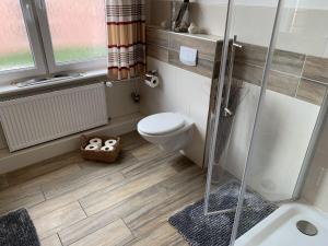 a small bathroom with a toilet and a shower at Ferienwohnung CITY - direkt am Falderndelft - nähe Innenstadt in Emden +22 photos