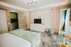 a bedroom with a bed and a tv on the wall at Alessandra Studio 2 in Piatra Neamţ