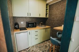 a small kitchen with a sink and a microwave at Alessandra Studio 2 in Piatra Neamţ