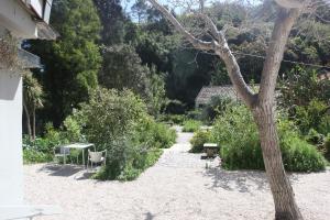 a garden with a table and chairs and a tree at ribeira dos marinheiros amarelo in Sintra
