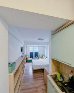 a kitchen with a sink and a bed in a room at Calvin Apartment 10 in Ohrid