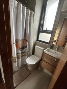 a bathroom with a toilet and a sink and a shower curtain at Departamento La nueva puntilla in Villarrica +7 photos